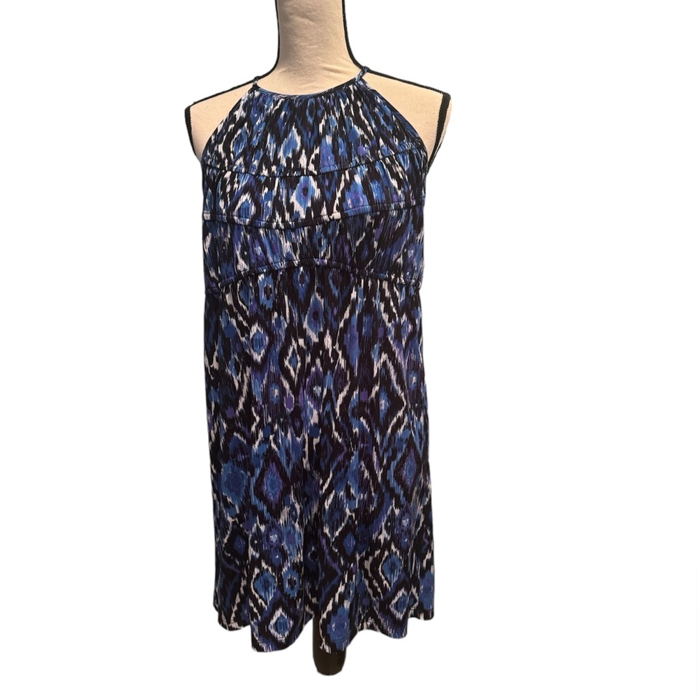Boston Proper Muse sleeveless dress. blue white black design. size 4